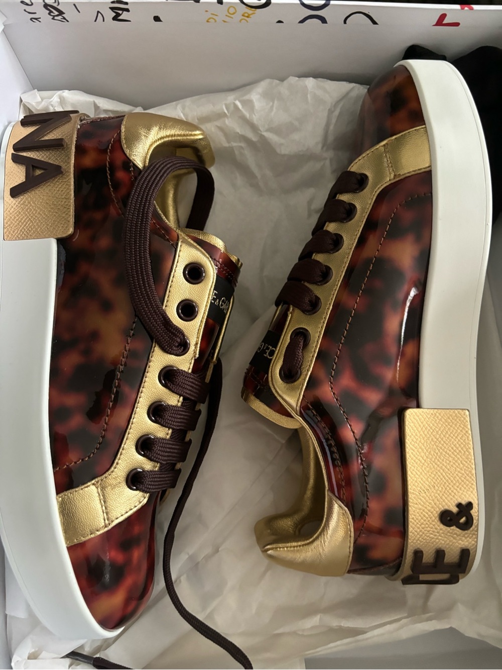 Dolce & Gabbana Gold and Tortoiseshell Women's Low-Top Sneakers
